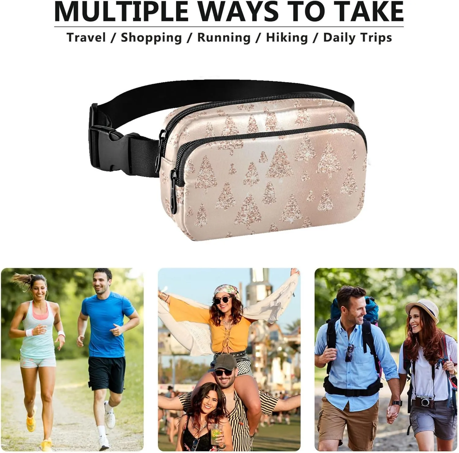 Rose Gold Christmas Trees Women Fanny Packs Waterproof Anti Theft Belt Bag Cute Waist Pack for Women