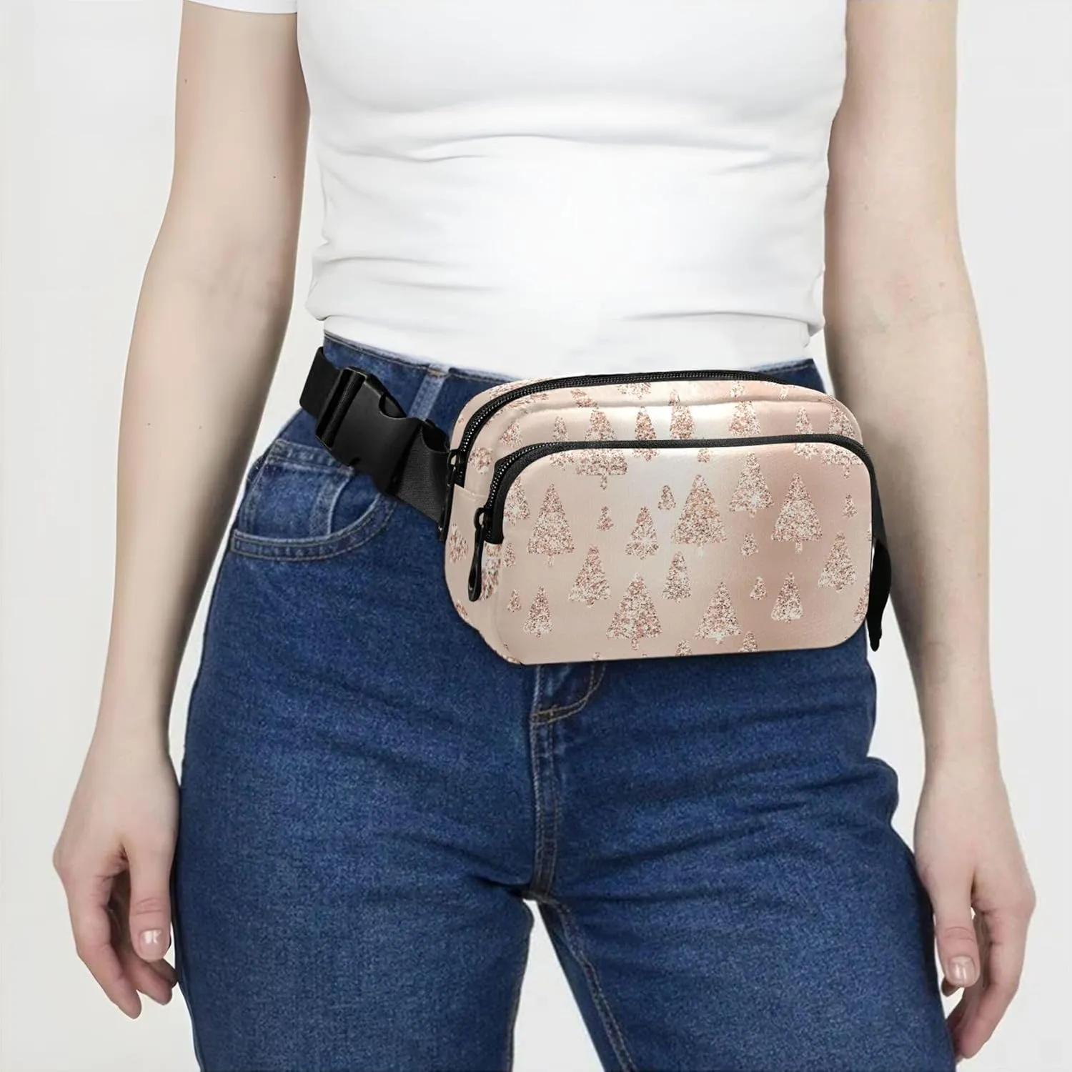 Rose Gold Christmas Trees Women Fanny Packs Waterproof Anti Theft Belt Bag Cute Waist Pack for Women