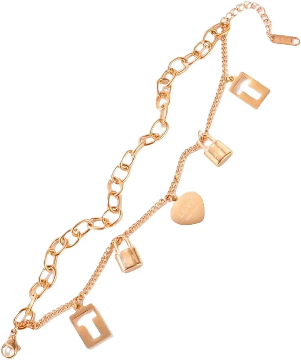 Rose Gold Titanium Double Layer Chain Bracelet, Love Engraved Locks Multiple Pendants String Hand Jewelry Women.