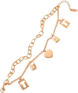 Rose Gold Titanium Double Layer Chain Bracelet, Love Engraved Locks Multiple Pendants String Hand Jewelry Women.