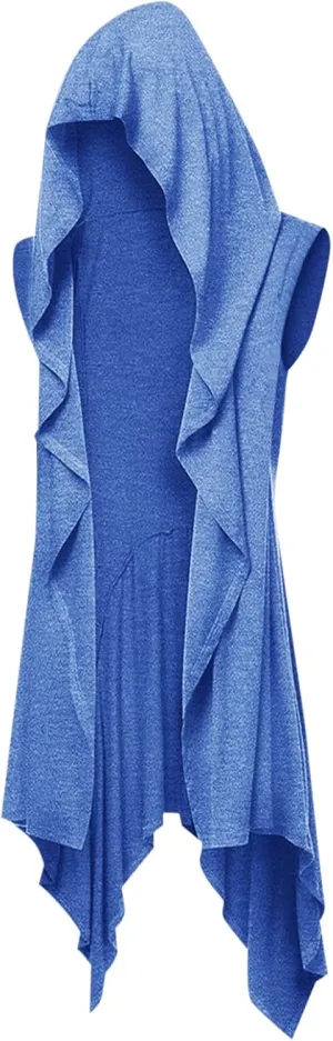 Runcati Mens Hooded Cardigan Sleeveless Ruffle Shawl Collar Open Front Knit Drape Robe