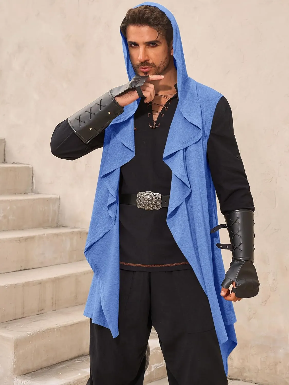 Runcati Mens Hooded Cardigan Sleeveless Ruffle Shawl Collar Open Front Knit Drape Robe