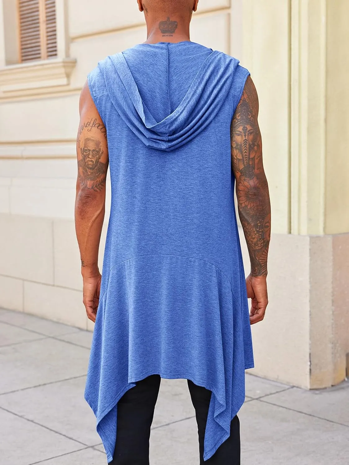 Runcati Mens Hooded Cardigan Sleeveless Ruffle Shawl Collar Open Front Knit Drape Robe