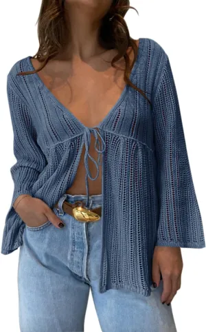 Saodimallsu Womens Summer Lightweight Tie Front Cardigans Crochet Knit Long Bell Sleeve Casual V Neck Beach Cover Ups