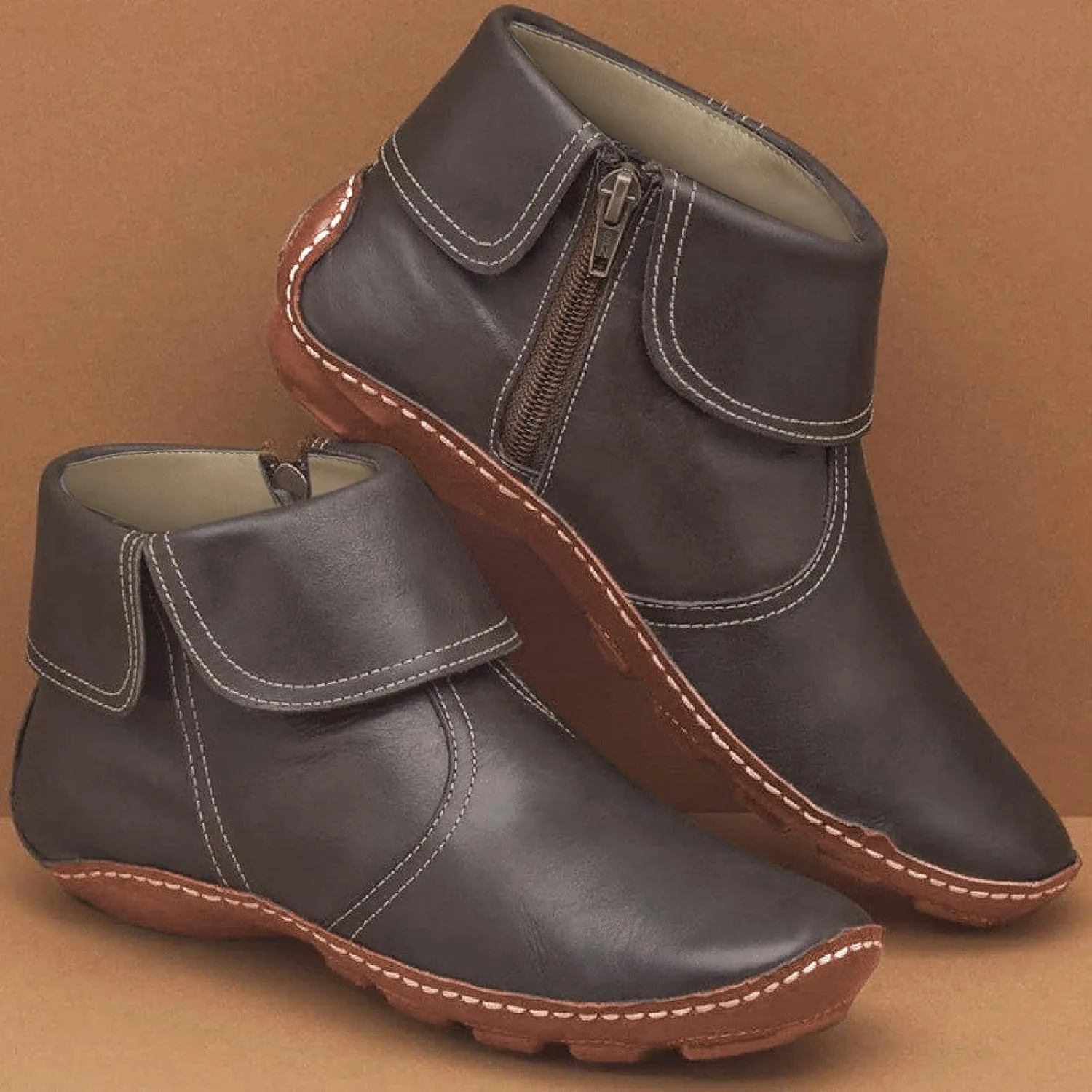 SBGMoSJ Women's Leather Ankle Boots Shoes Zipper Winter Booties Women Shoes Boots Ankle Heels Womens Ankle Boots Cutout Western Womens Short Brown Square Toe Cowboy Boots Ankle Boot Women Wide