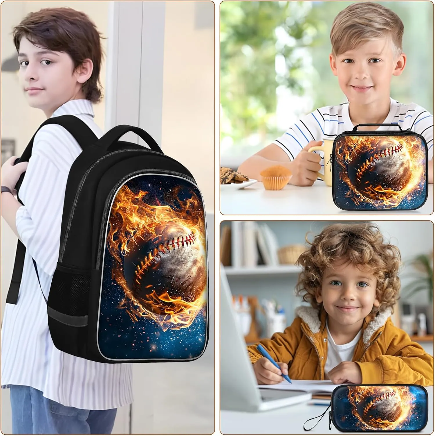School Backpack for Boys - 4pcs Baseball Boys Backpack with Lunch Box Set for Kids Children Teens Elementary Middle School - 17 Sport Bookbag Travel Back Pack for Age 6-18