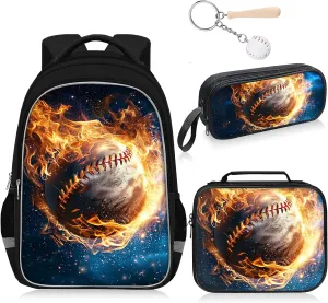 School Backpack for Boys - 4pcs Baseball Boys Backpack with Lunch Box Set for Kids Children Teens Elementary Middle School - 17 Sport Bookbag Travel Back Pack for Age 6-18