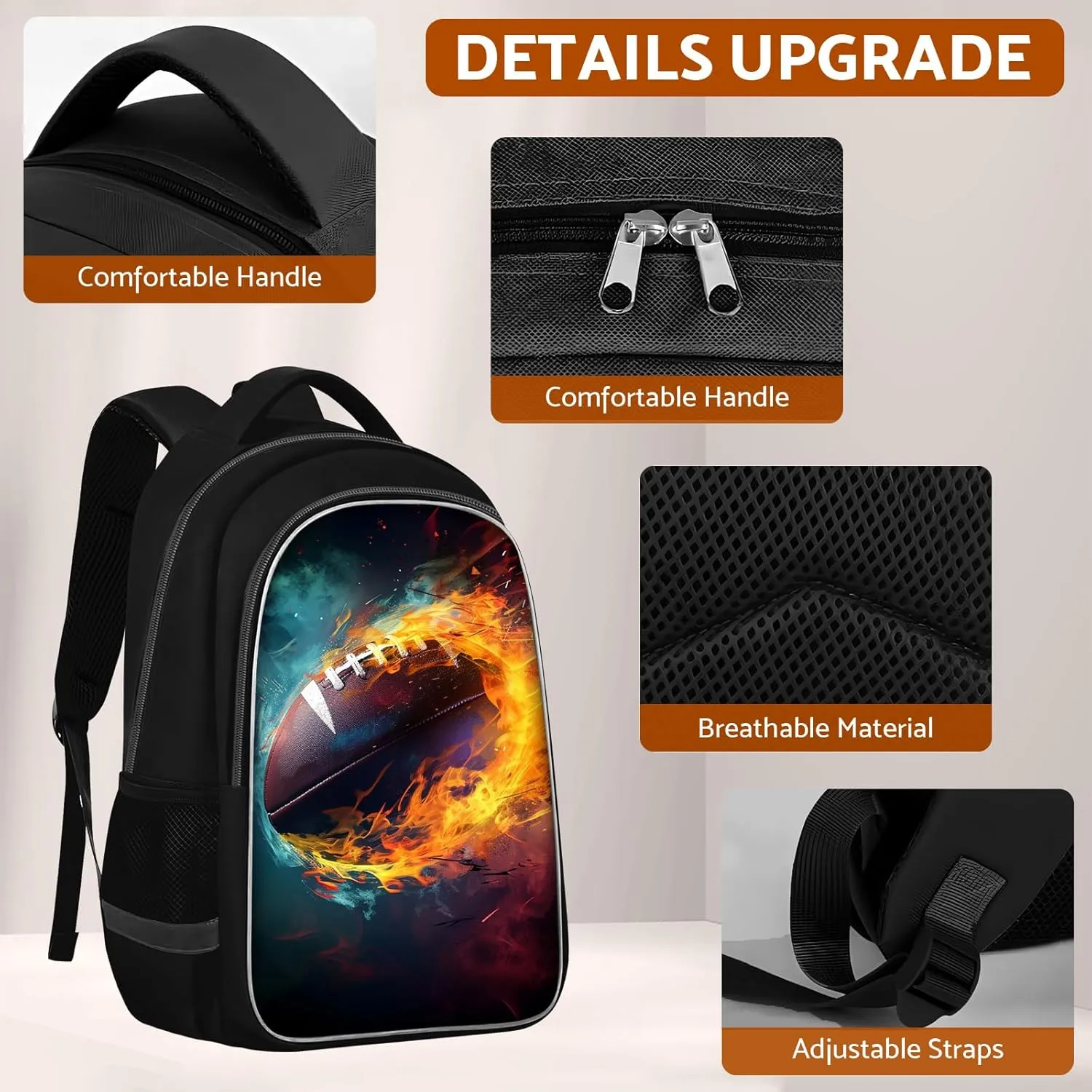 School Backpack for Boys - American Football Boys Backpack for Kids Children Elementary Middle School - 17 Inch Sport Bookbag Travel Back Pack for Ages 6-14