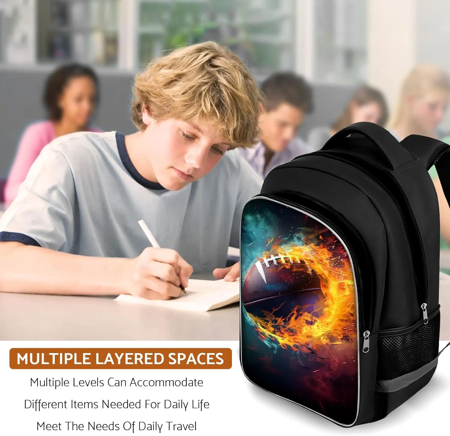 School Backpack for Boys - American Football Boys Backpack for Kids Children Elementary Middle School - 17 Inch Sport Bookbag Travel Back Pack for Ages 6-14