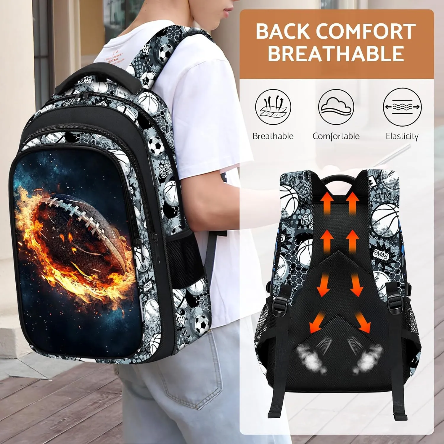 School Backpack for Boys - American Football Boys Backpack for Kids Children Teens Elementary Middle School - 17 Sport Bookbag Travel Back Pack for Age 6-18