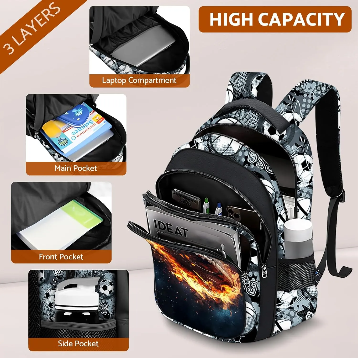 School Backpack for Boys - American Football Boys Backpack for Kids Children Teens Elementary Middle School - 17 Sport Bookbag Travel Back Pack for Age 6-18