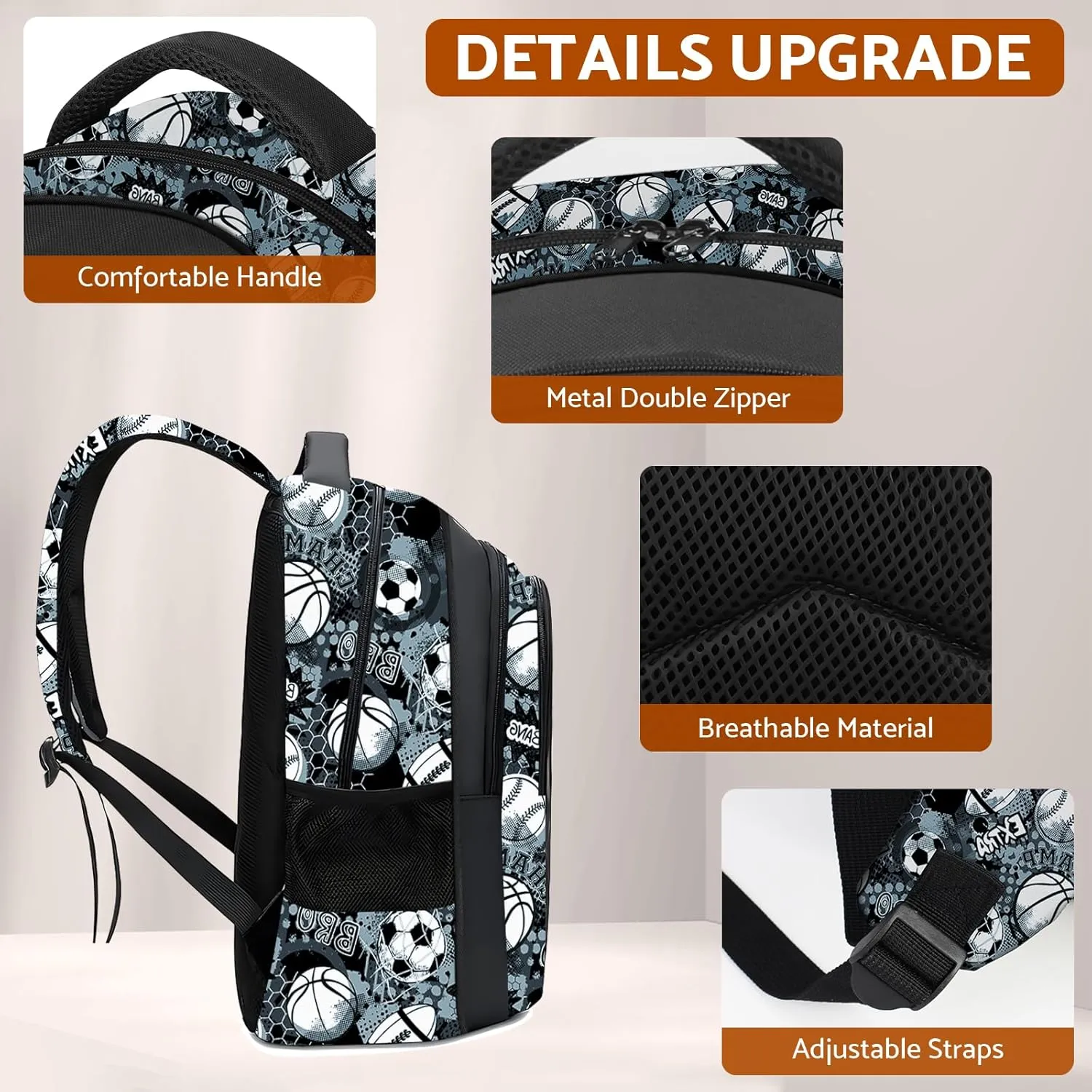 School Backpack for Boys - American Football Boys Backpack for Kids Children Teens Elementary Middle School - 17 Sport Bookbag Travel Back Pack for Age 6-18