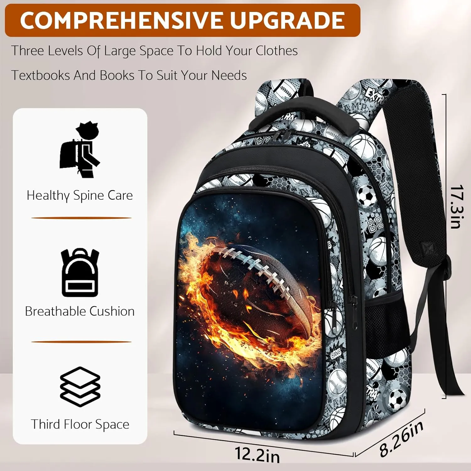 School Backpack for Boys - American Football Boys Backpack for Kids Children Teens Elementary Middle School - 17 Sport Bookbag Travel Back Pack for Age 6-18