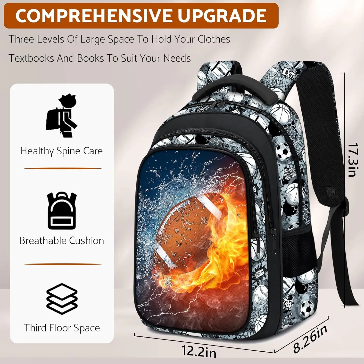 School Backpack for Boys - American Football Boys Backpack for Kids Children Teens Elementary Middle School - 17 Sport Bookbag Travel Back Pack for Age 6-18