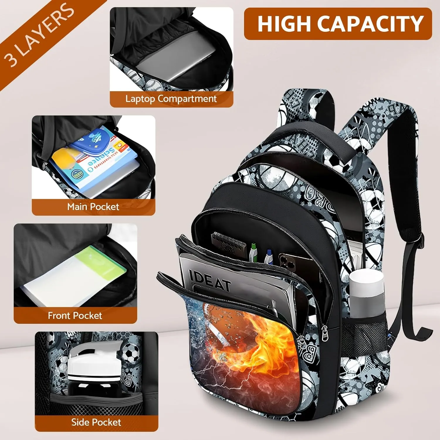 School Backpack for Boys - American Football Boys Backpack for Kids Children Teens Elementary Middle School - 17 Sport Bookbag Travel Back Pack for Age 6-18