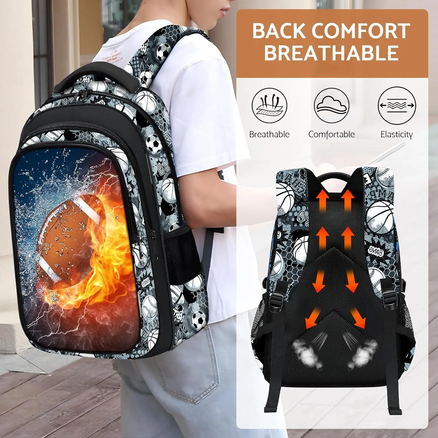 School Backpack for Boys - American Football Boys Backpack for Kids Children Teens Elementary Middle School - 17 Sport Bookbag Travel Back Pack for Age 6-18