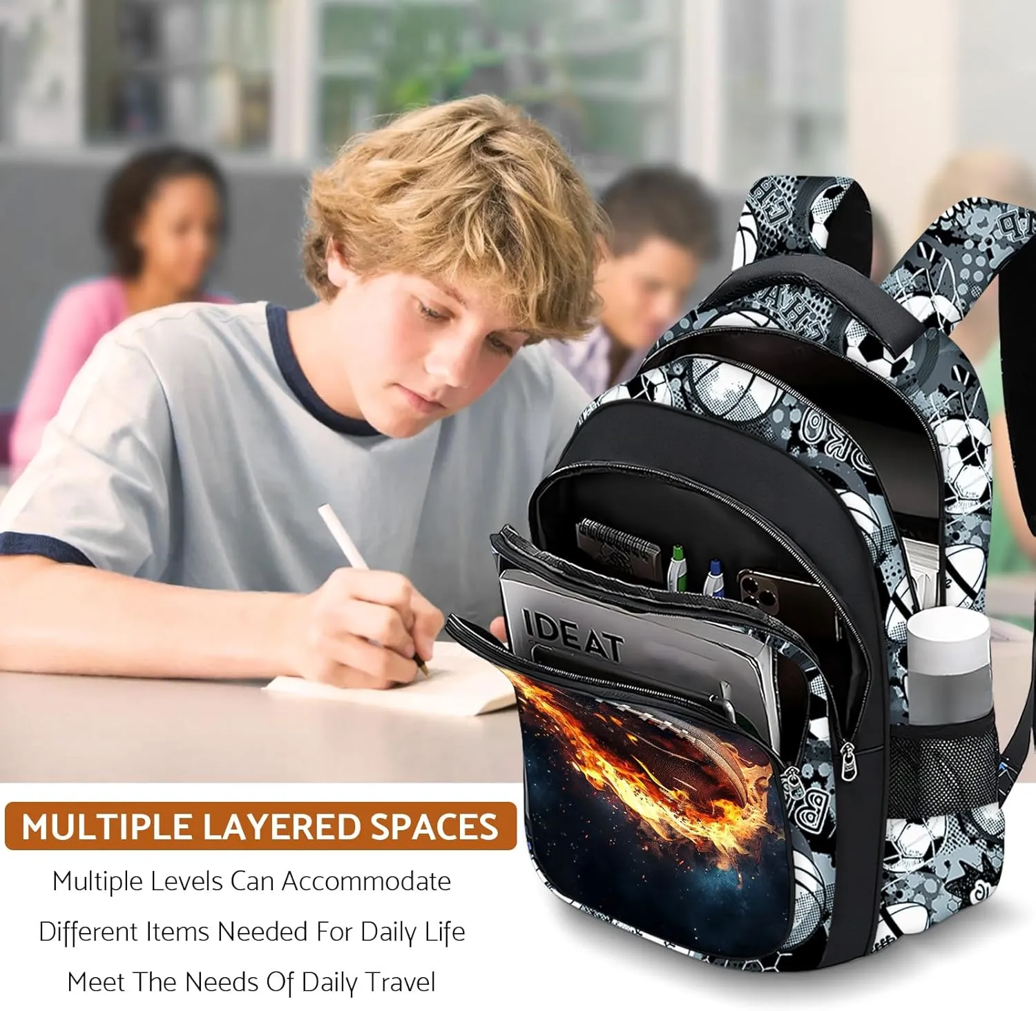 School Backpack for Boys - American Football Boys Backpack for Kids Children Teens Elementary Middle School - 17 Sport Bookbag Travel Back Pack for Age 6-18