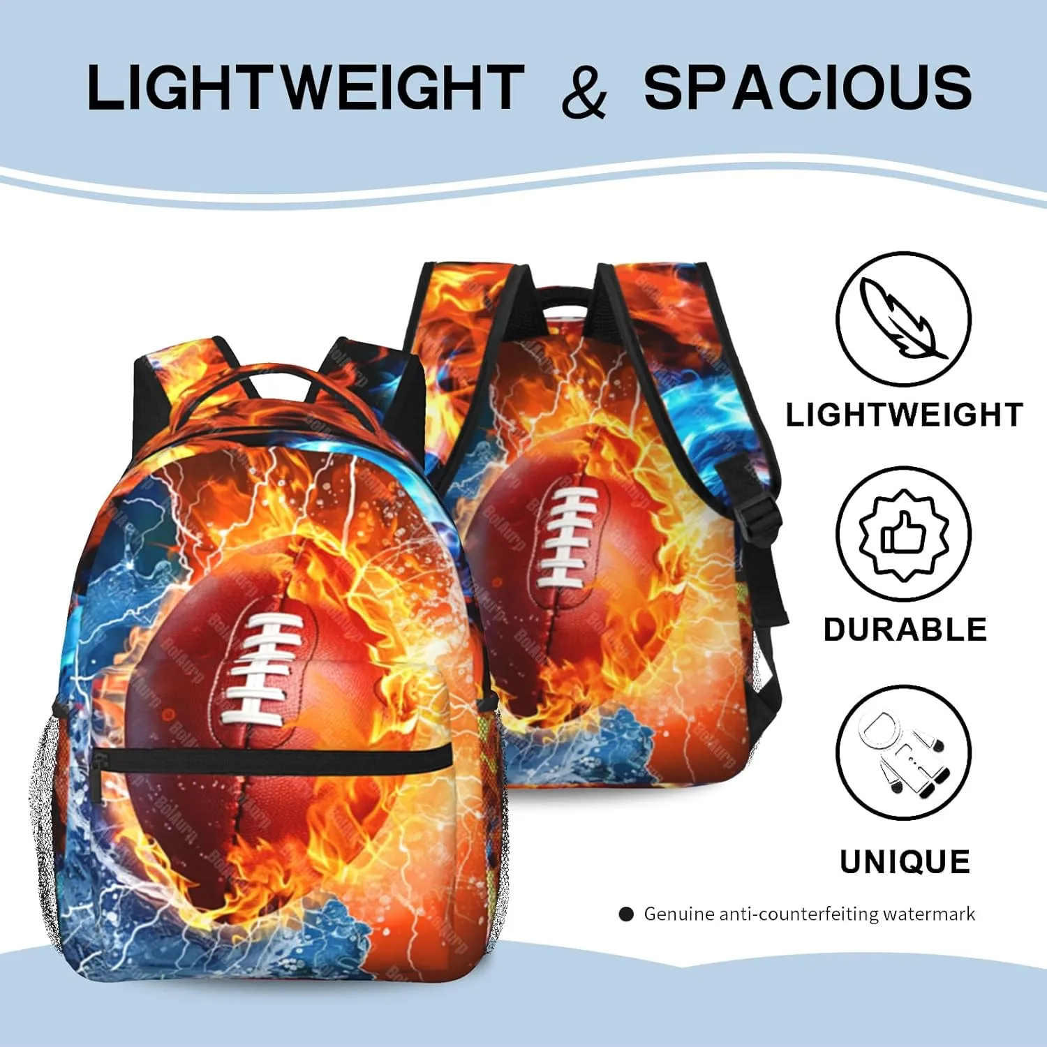School Backpack for Boys American Football Boys Backpack for Kids Children Teens Elementary Middle School - Students Bookbag Ages 6-18, Waterproof Adjustable Football Bookbag Travel Daypack