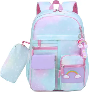 School Backpack for Girls Rainbow Kids Backpack Cute Backpack for Back to School Laptop Travel Bag With pencil Case (Blue Set)