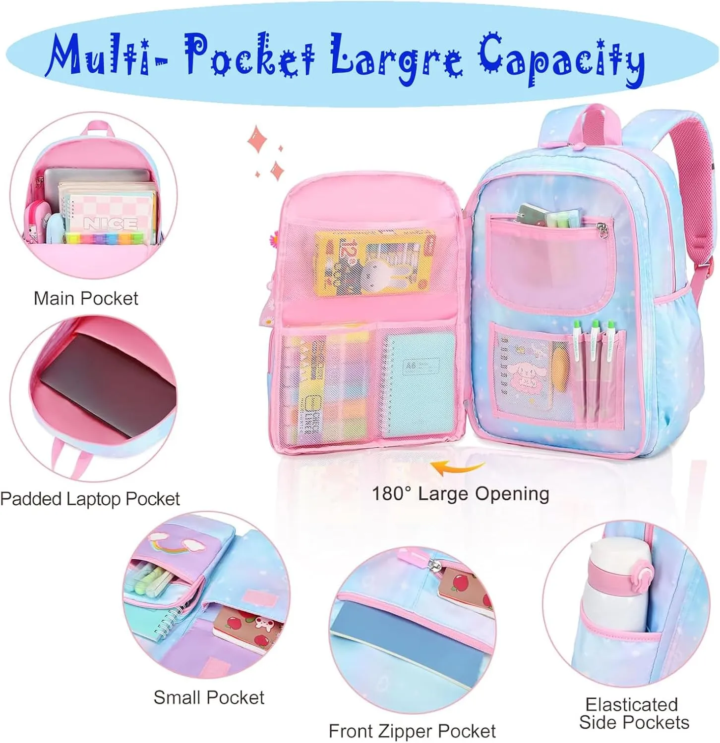 School Backpack for Girls Rainbow Kids Backpack Cute Backpack for Back to School Laptop Travel Bag With pencil Case (Blue Set)