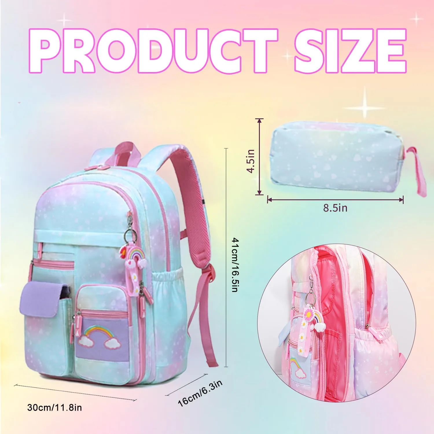 School Backpack for Girls Rainbow Kids Backpack Cute Backpack for Back to School Laptop Travel Bag With pencil Case (Blue Set)