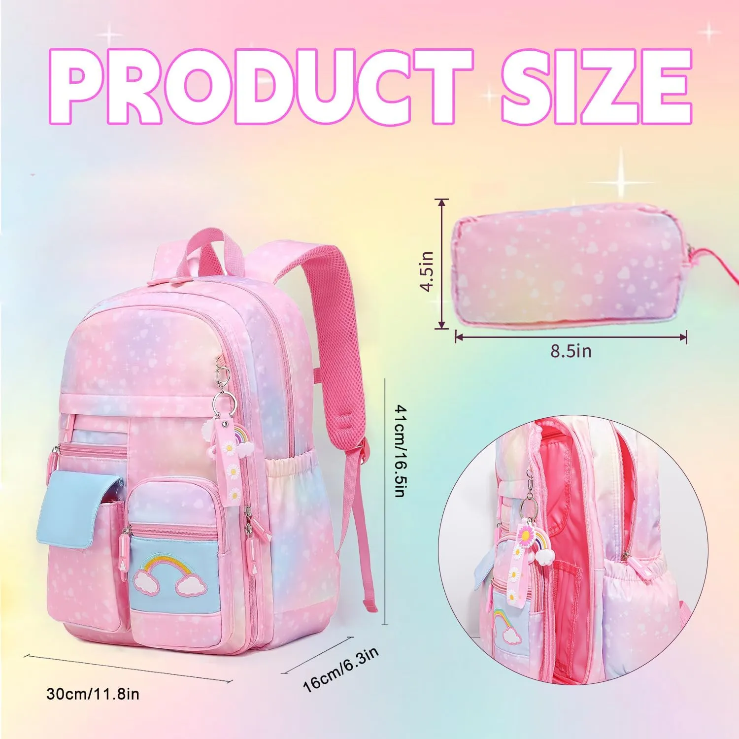 School Backpack for Girls Rainbow Kids Backpack Cute Backpack for Back to School Laptop Travel Bag With pencil Case (Pink set)