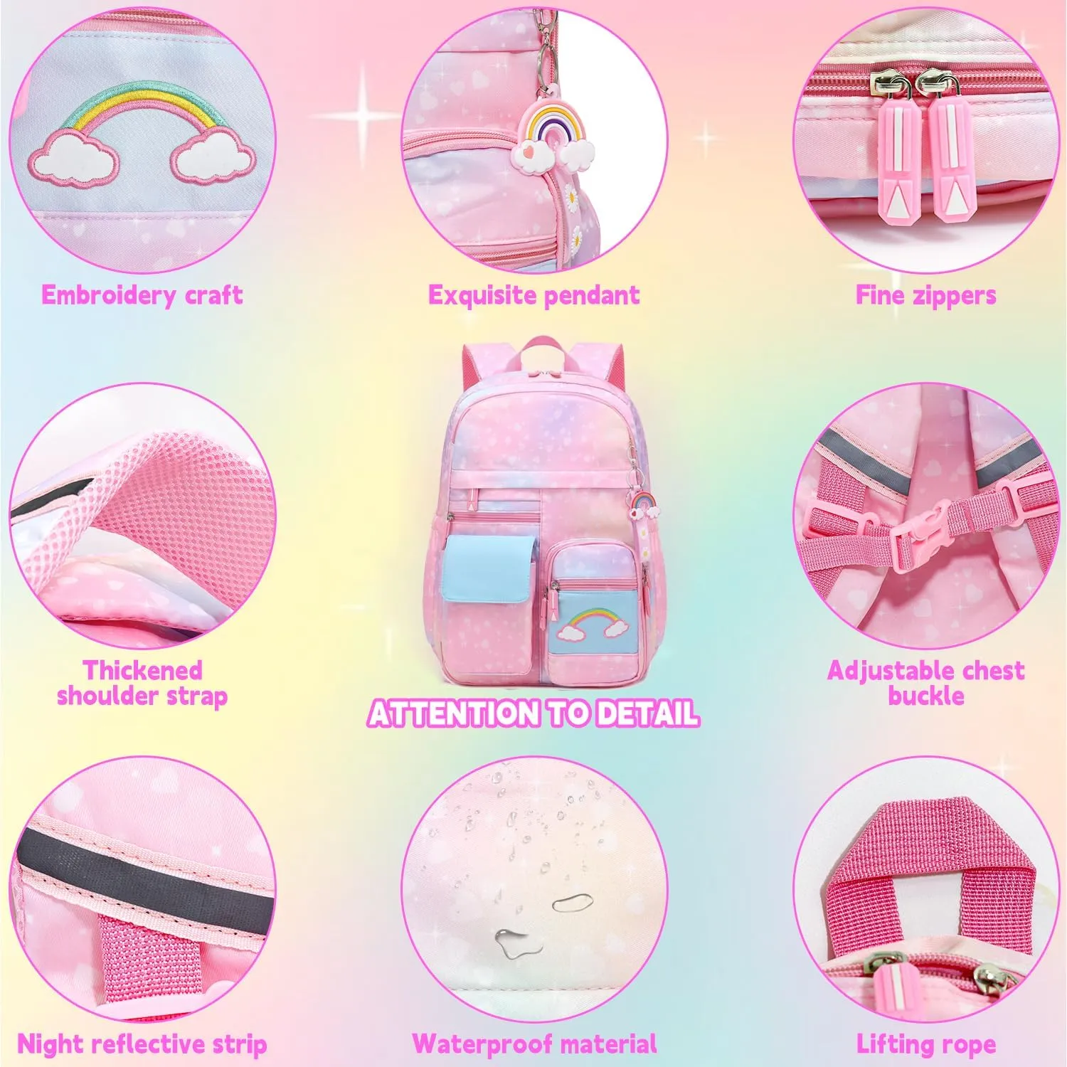 School Backpack for Girls Rainbow Kids Backpack Cute Backpack for Back to School Laptop Travel Bag With pencil Case (Pink set)