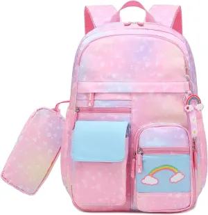 School Backpack for Girls Rainbow Kids Backpack Cute Backpack for Back to School Laptop Travel Bag With pencil Case (Pink set)