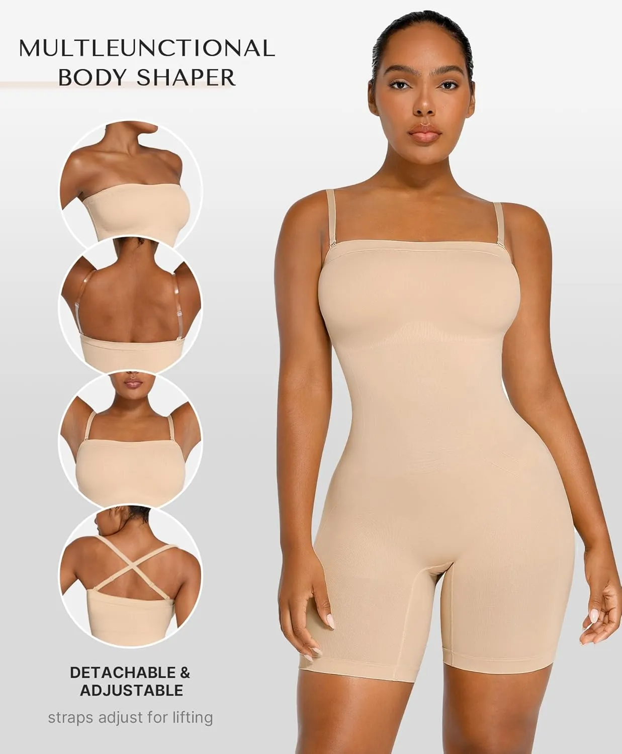 SHAPELLX Women's Shapewear Bodysuits Tummy Control Butt Lifter Body Shaper Strapless Seamless Mid Thigh Jumpsuit Tops