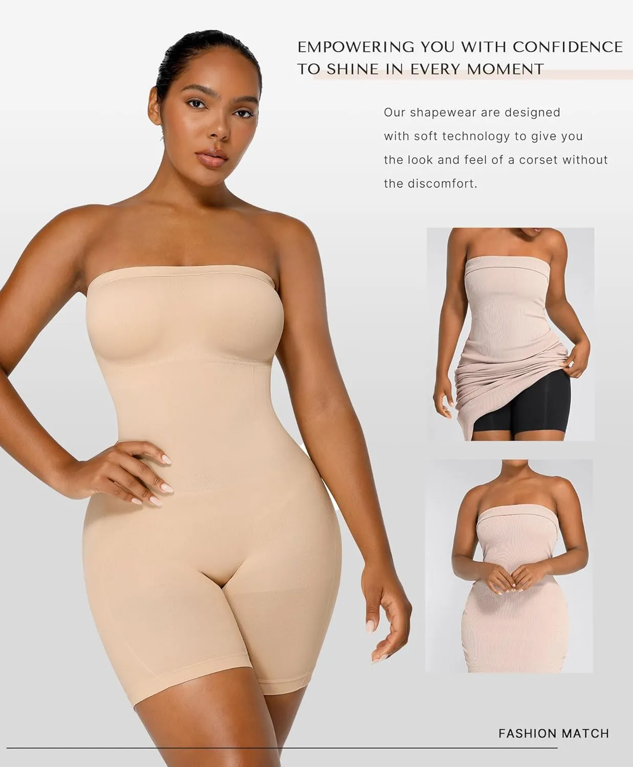 SHAPELLX Women's Shapewear Bodysuits Tummy Control Butt Lifter Body Shaper Strapless Seamless Mid Thigh Jumpsuit Tops