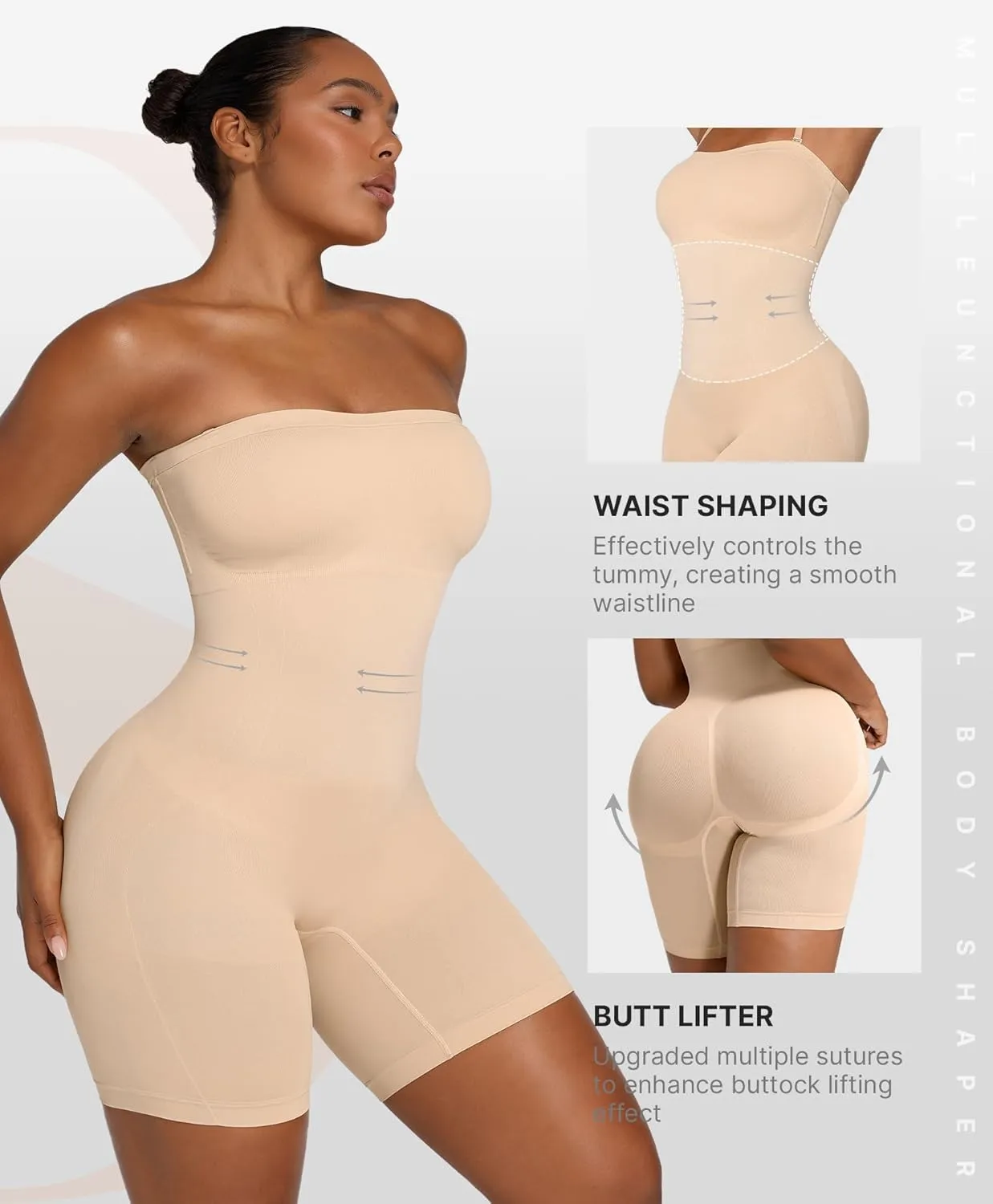 SHAPELLX Women's Shapewear Bodysuits Tummy Control Butt Lifter Body Shaper Strapless Seamless Mid Thigh Jumpsuit Tops