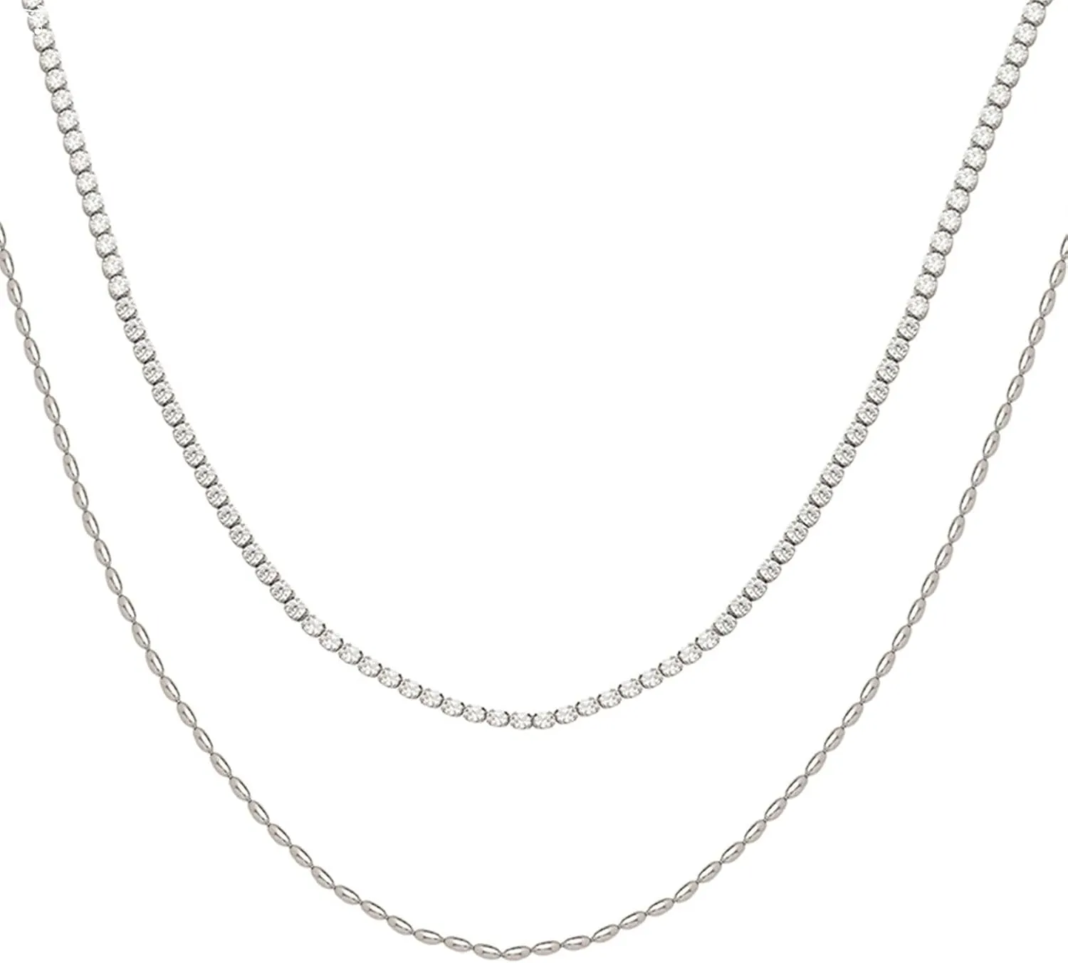 Silver Necklace for Women,Stainless Steel Necklaces Women Double Layer Chain with Cubic Zirconia Women Chain Necklaces Silver