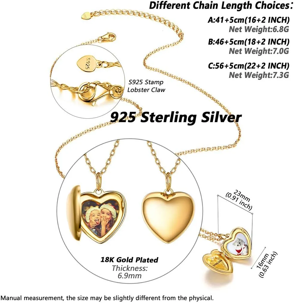Silvora Personalized Heart Locket Picture Necklace 925 Sterling Silver Custom Photo Lockets Memorial Holder Gift for Love Custom Photo Locket Pendant Necklace for Women Xmas Gift