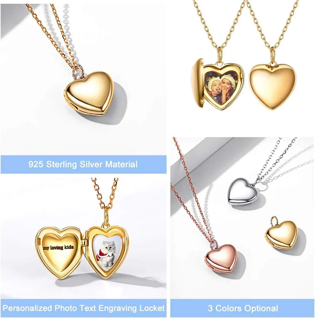 Silvora Personalized Heart Locket Picture Necklace 925 Sterling Silver Custom Photo Lockets Memorial Holder Gift for Love Custom Photo Locket Pendant Necklace for Women Xmas Gift