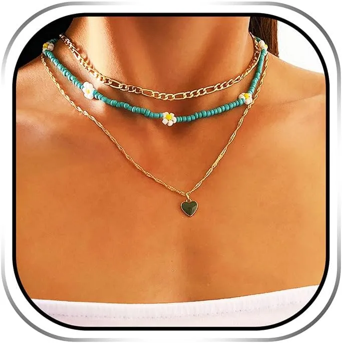 Sixexey Boho Layered Beaded Necklaces Gold Chain Necklaces Heart Pendant Necklace Summer Beach Necklace Jewelry Accessories for Women
