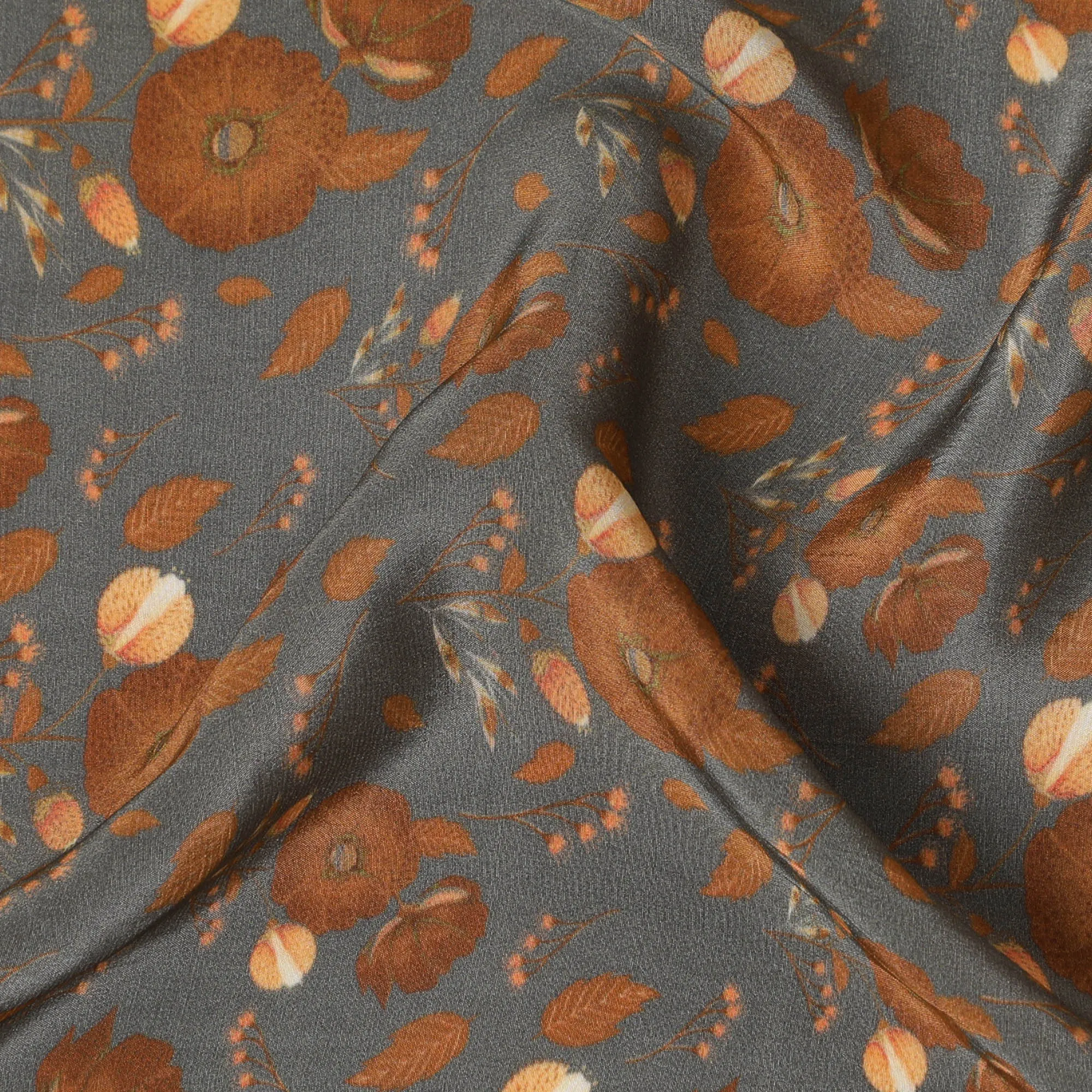 Slate Blue Synthetic Crepe Fabric with Rustic Orange Floral Pattern, 110 cm Wide-D19139