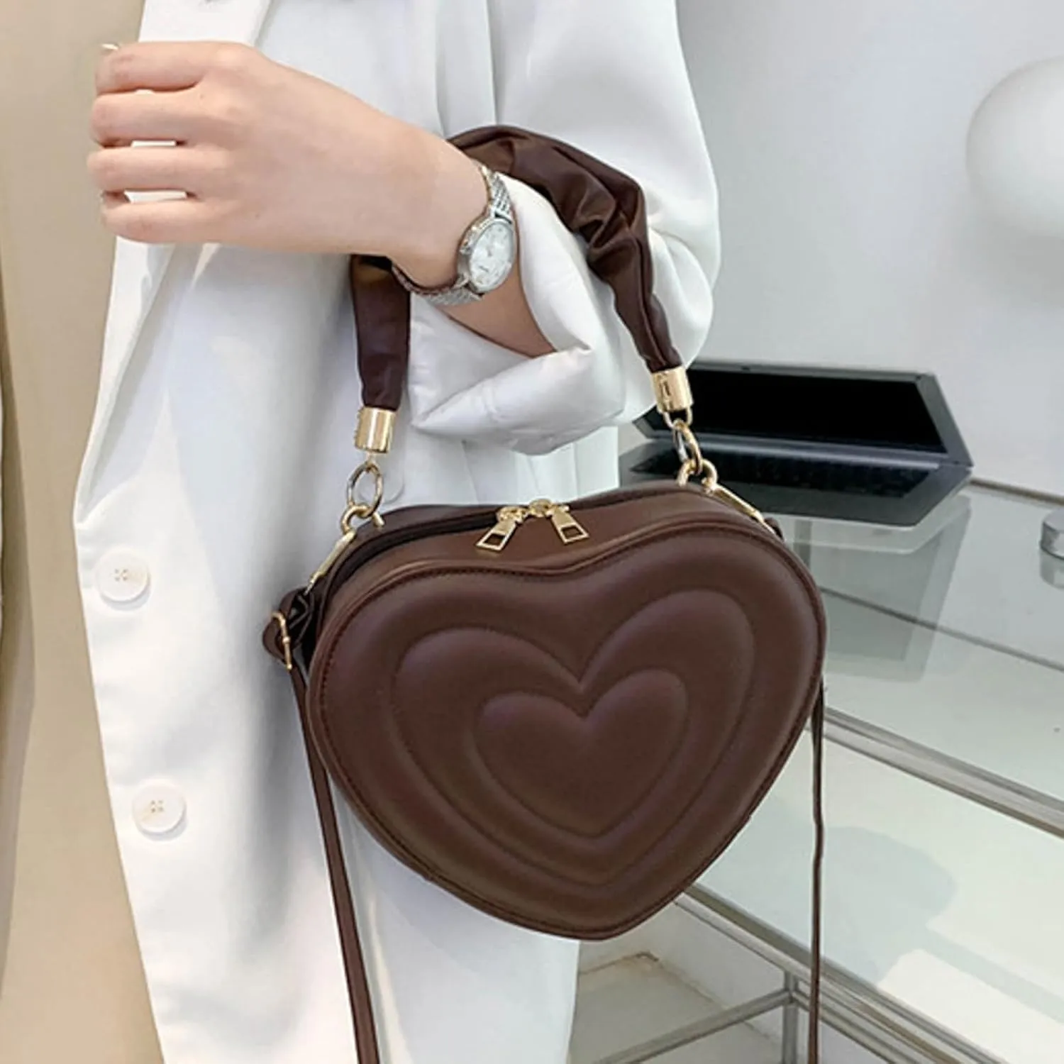 Small Heart Shaped Purse for Women PU Leather Zipper Tote Bag Purse Satchel Cute Crossbody Messenger Handbags