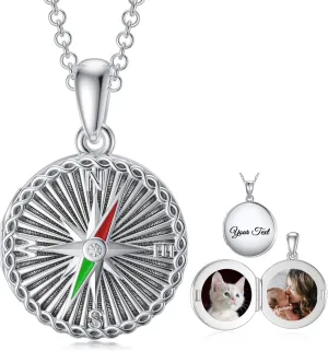 SOULMEET Compass Locket Necklace That Holds 2 Pictures Sterling Silver Graduation Gifts Round Shape Nautical Photo Lockets Pendant for Naval Students
