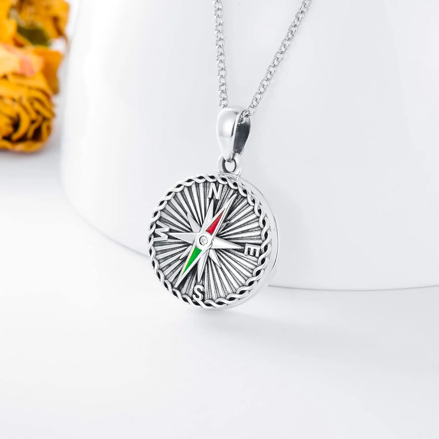 SOULMEET Compass Locket Necklace That Holds 2 Pictures Sterling Silver Graduation Gifts Round Shape Nautical Photo Lockets Pendant for Naval Students