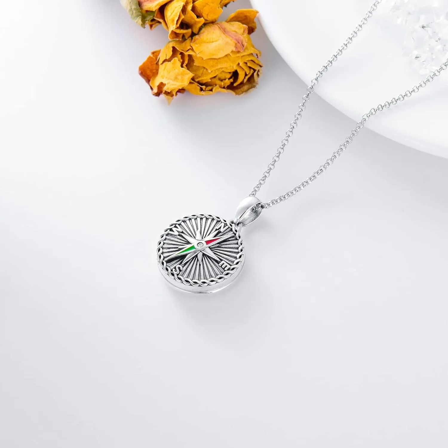 SOULMEET Compass Locket Necklace That Holds 2 Pictures Sterling Silver Graduation Gifts Round Shape Nautical Photo Lockets Pendant for Naval Students
