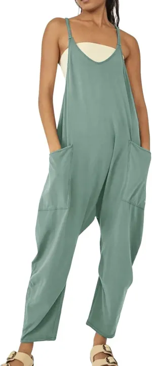 Spaghetti Strap Wide Leg Jumpsuits For Women Plus Size V-neck Sleeveless Casual Overalls Long Rompers with Pockets