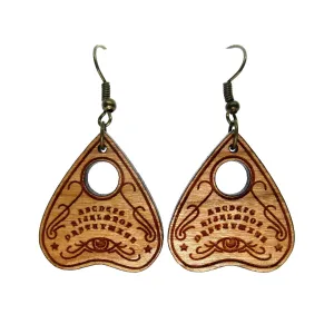Spirit Board Planchette Dangle Earrings, Hypoallergenic Nickel Free Wooden Witch Jewelry, Evil Eye Spirit Summoning Board Piece Earrings
