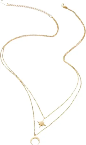 Stacking Layering Necklaces - Moon Star Layered Necklace for Women Sweater Pendant Necklaces Gold Plated Charm Stainless Steel Jewelry