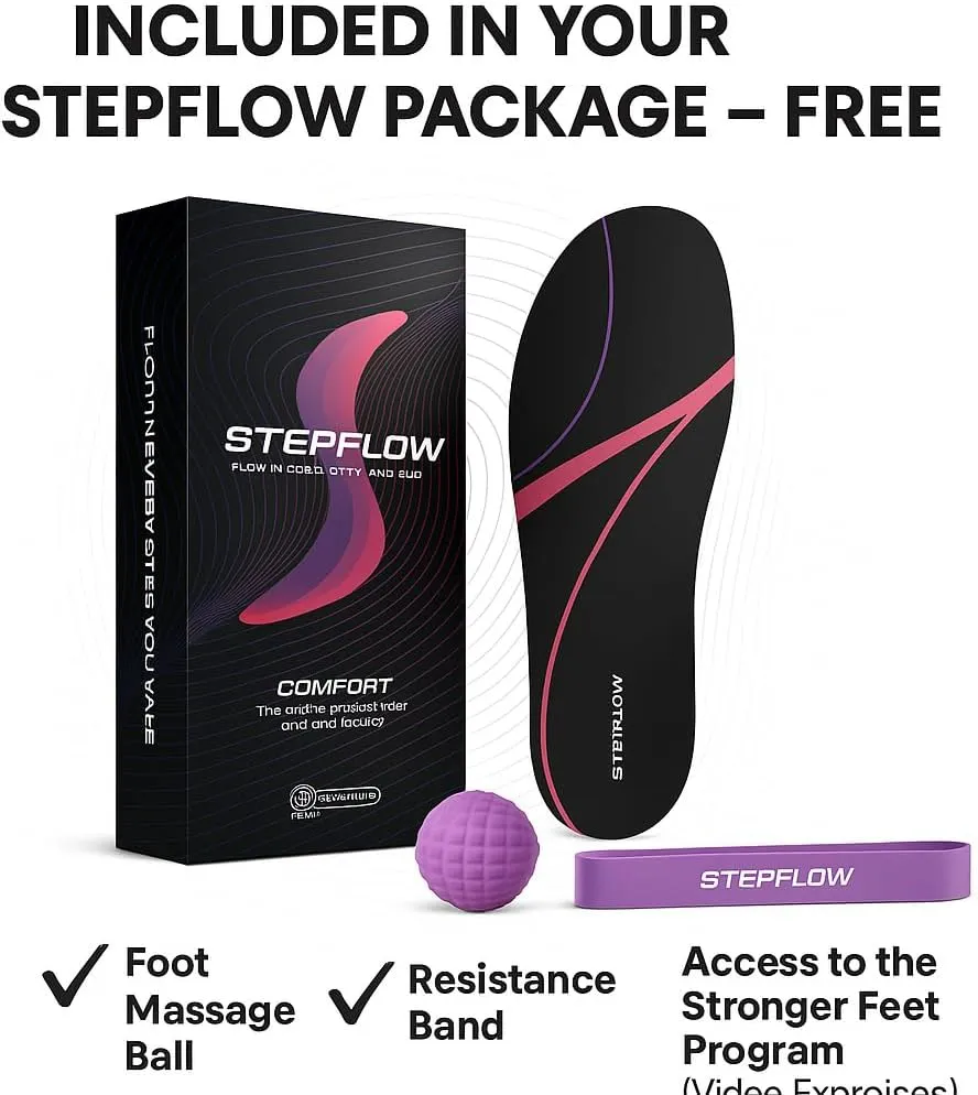 StepFlow  Orthotic Insoles for Plantar Fasciitis, Arch Support & Foot Pain Relief  Includes Free Stronger Feet Video Program, Massage Ball & Resistance Band