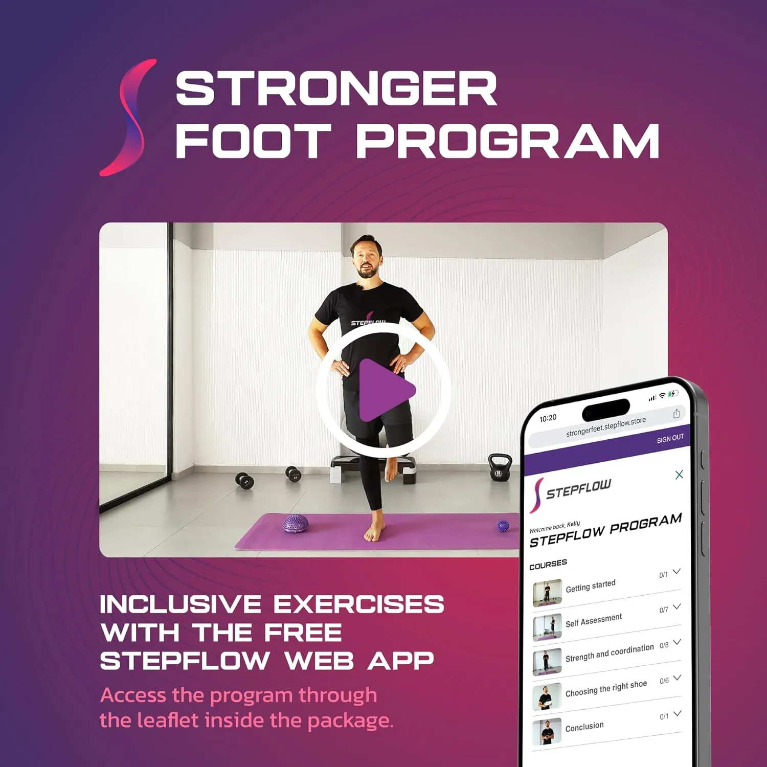 StepFlow  Orthotic Insoles for Plantar Fasciitis, Arch Support & Foot Pain Relief  Includes Free Stronger Feet Video Program, Massage Ball & Resistance Band