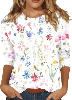 Summer Shirts for Women 3/4 Length Sleeve Crewneck Tops Trendy Loose Casual Printed Three Quarter Cute Blouse