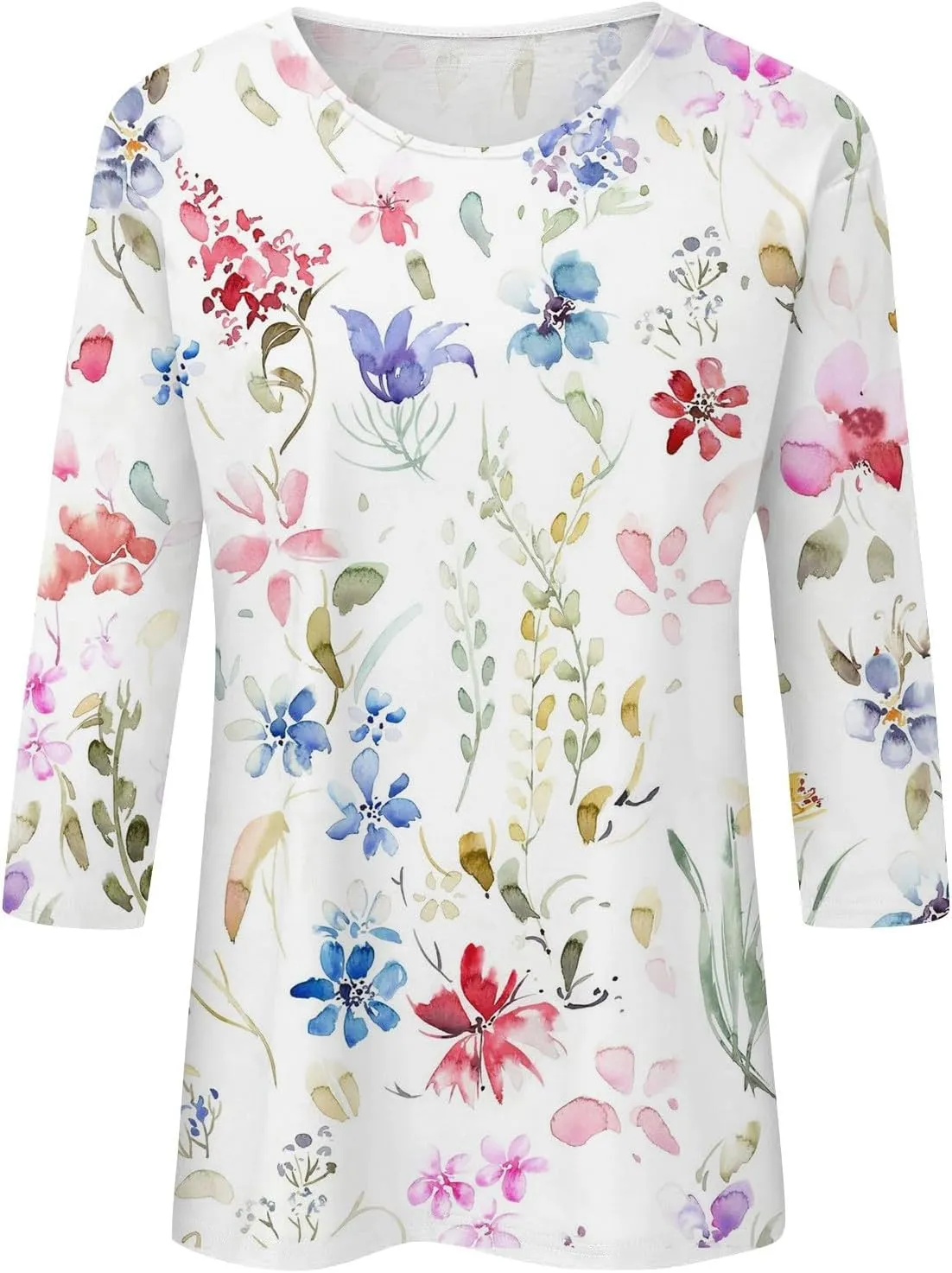 Summer Shirts for Women 3/4 Length Sleeve Crewneck Tops Trendy Loose Casual Printed Three Quarter Cute Blouse
