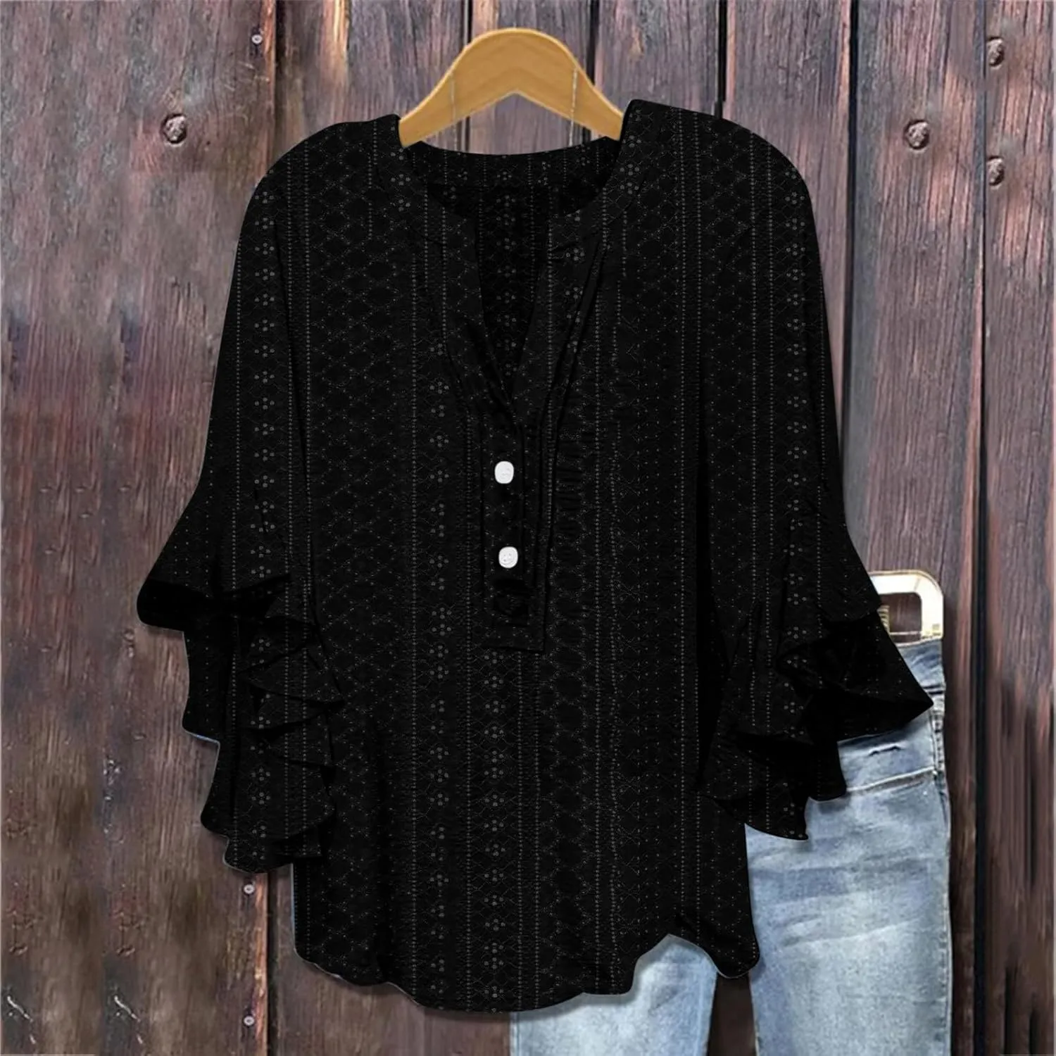 Summer Tops for Women,2025 Floral Graphic V Neck 3/4 Sleeve Shirts Casual Button Down Shirts Flowy Ruffle Sleeve Tops