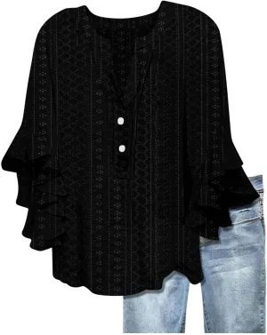 Summer Tops for Women,2025 Floral Graphic V Neck 3/4 Sleeve Shirts Casual Button Down Shirts Flowy Ruffle Sleeve Tops