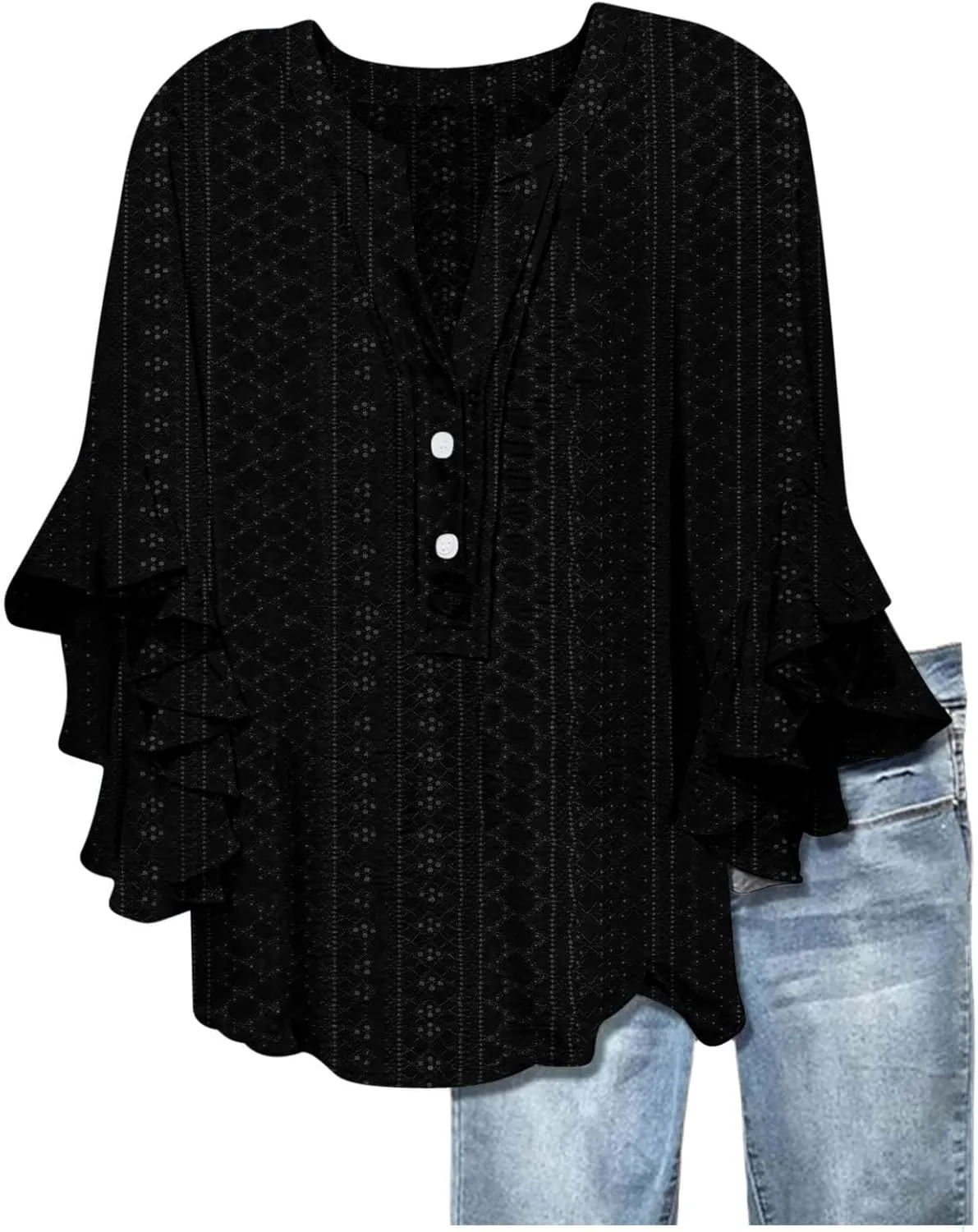 Summer Tops for Women,2025 Floral Graphic V Neck 3/4 Sleeve Shirts Casual Button Down Shirts Flowy Ruffle Sleeve Tops